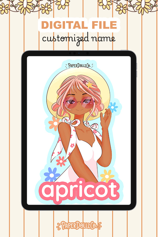 Customized Name Summer Doll Digital File | Apricot | PaperDollzCo