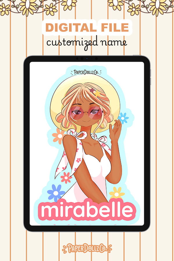 Customized Name Summer Doll Digital File | Mirabelle | PaperDollzCo