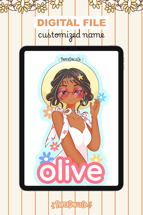 Customized Name Summer Doll Digital File | Olive | PaperDollzCo