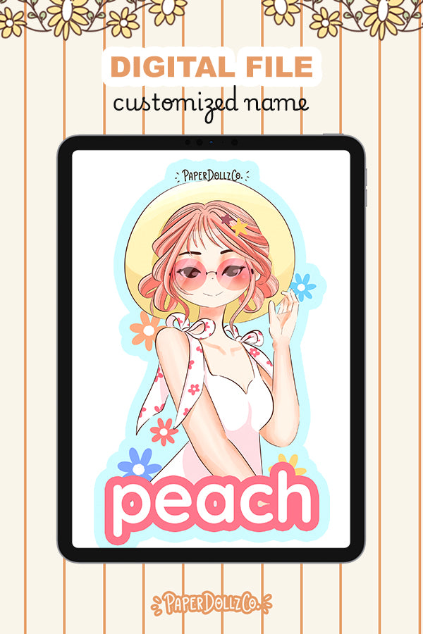Customized Name Summer Doll Digital File | Peach | PaperDollzCo