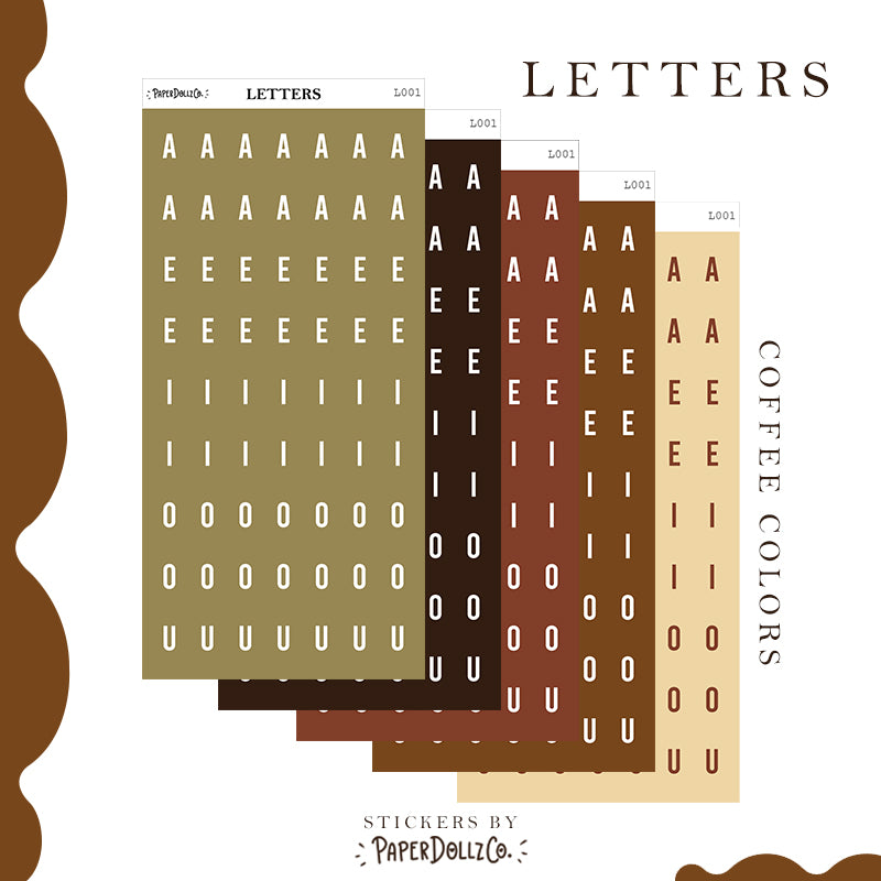 Letter Journal Sticker | Vowels | Coffee Colors | PaperDollzCo | L001