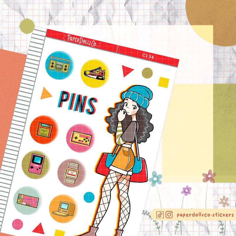 90's Button Pins Game Collections PaperDollzCo Planner Sticker | C134