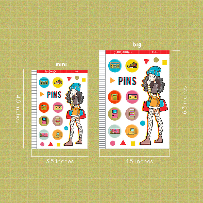 90's Button Pins Game Collections PaperDollzCo Planner Sticker | C134