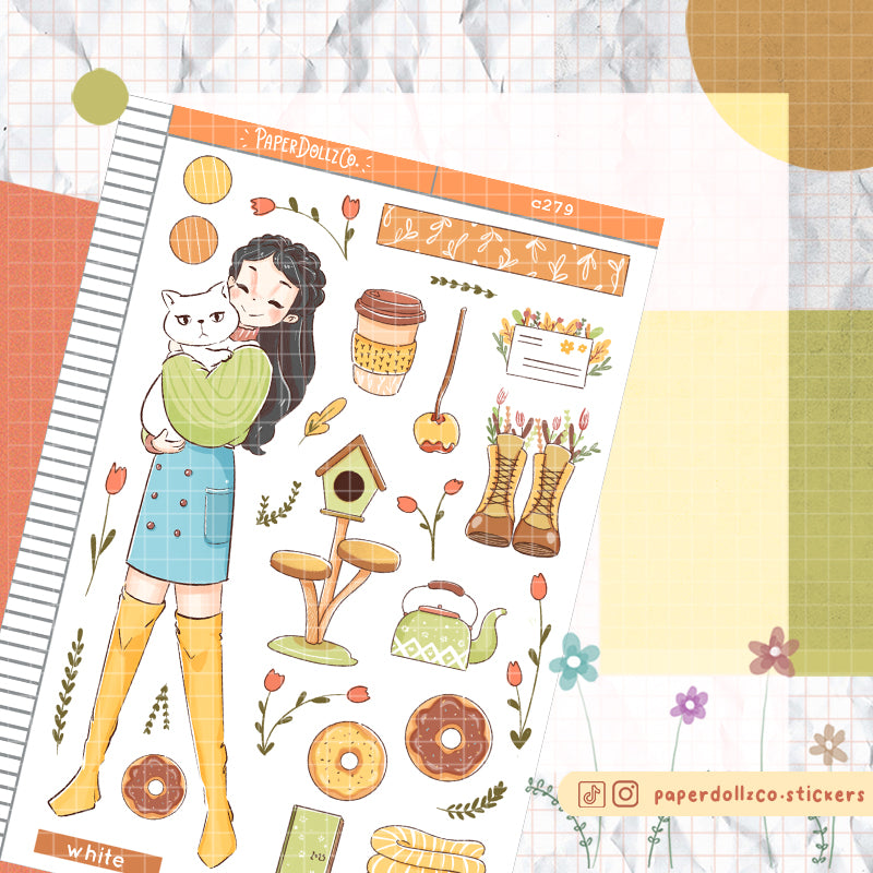 White Cat Autumn Purrfection Collections Paperdollzco Planner Stickers | C279