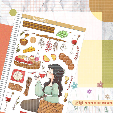 Wine and Cheese Cottage Core Paperdollzco Planner Stickers | C283